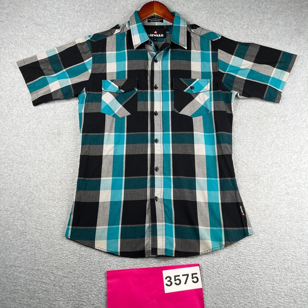 Airwalk Teal Black Plaid Shirt Button Up Short Sleeve Mens Medium Pocket